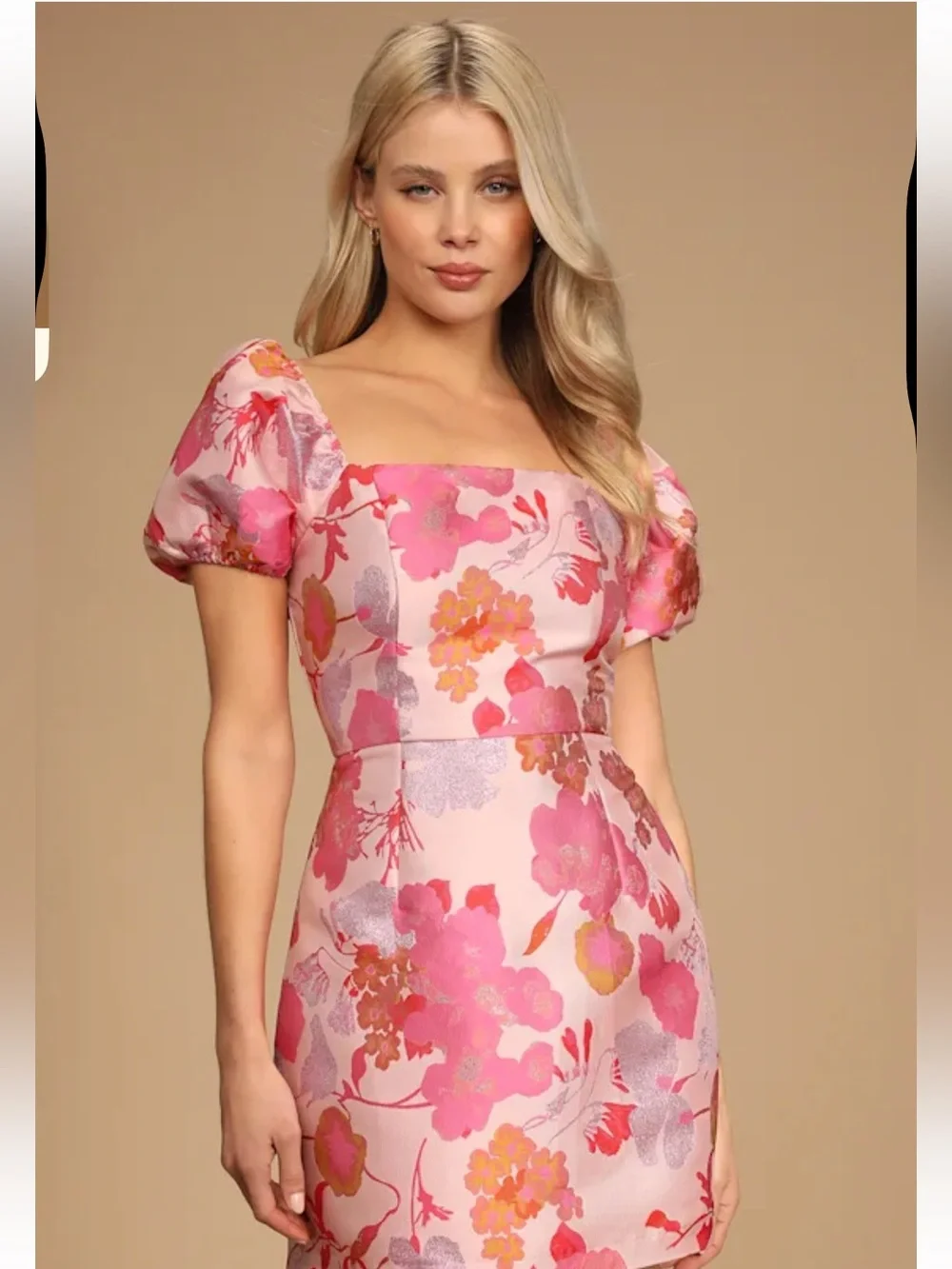 NWT Lulu's Pink & Coral Floral Puff-Sleeve Mini Dress - Picture 2 of 11